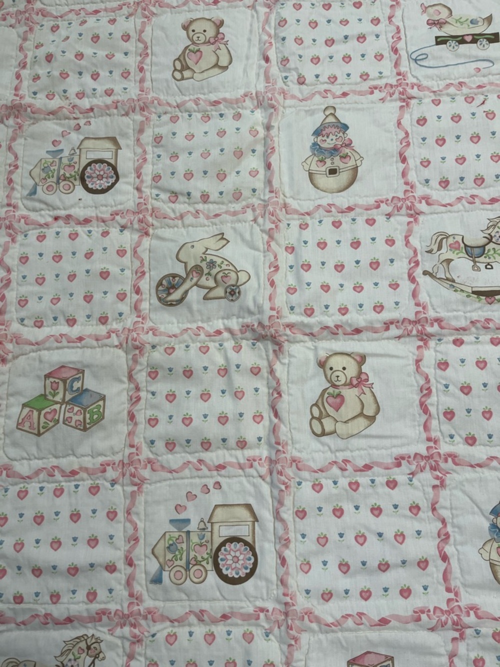 Handmade Vintage 90s Baby Girl Blanket Toys Hearts Teddy Bears